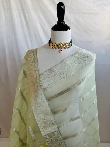 ShopNaya Exclusive | Handwoven | Silk Organza | Pastel Green | Silver Zari | Ships from California